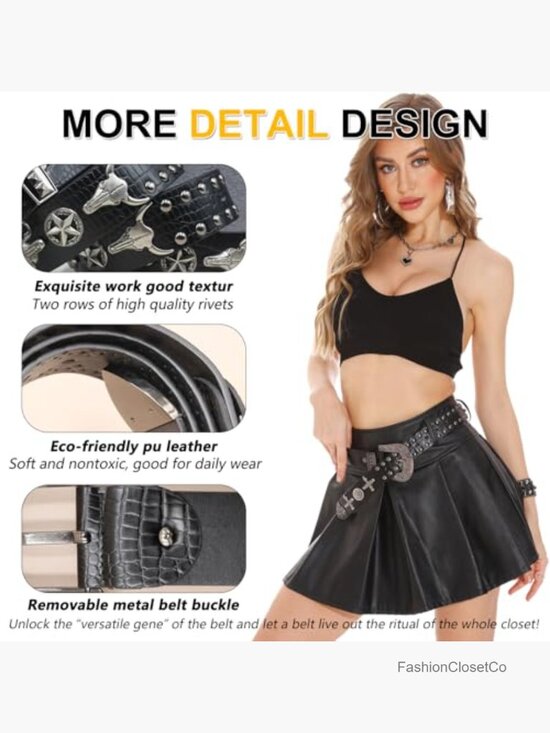 Faux Leather Studded Belt - Y2k Punk Western Cowboy Black Belt